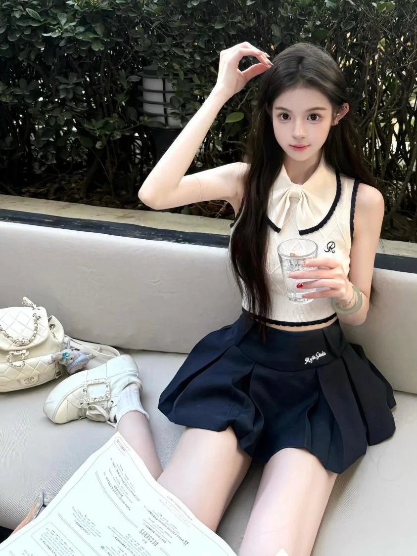 

Summer New Style Sexy Girl Slim Fit Knitted Design Sleeveless Vest Top Skirt Casual Style Set Polyester Fabric Short Sleeve