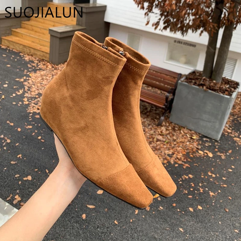 SUOJIALUN 2024 Winter New Brand Women Ankle Boots Fashion Low Wedge Heel Side Zip Ladies Elegant Short Boots Dress Pumps Shoes