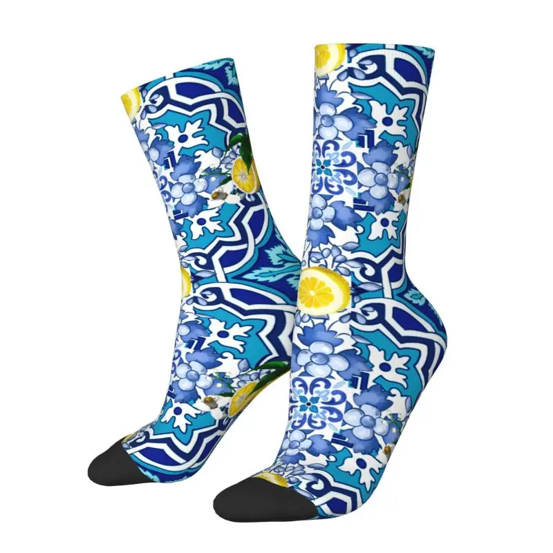 Custom Mediterranean Sicilian Tiles Lemons Citrus Men Women Crew Socks Unisex Fun Spring Summer Autumn Winter Dress Socks