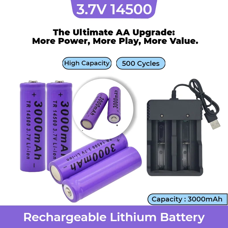 

3.7V 3000mAh AA 14500 Lithium Ion Battery, Rechargeable for Radios, Microphones, Toys, Flashlights - High Capacity & Long Life