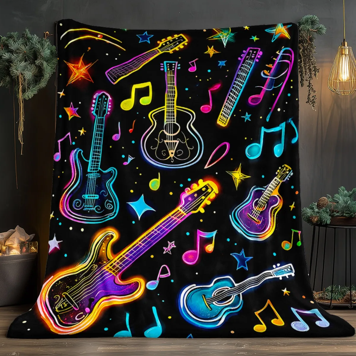 Neon guitar music notes flannel blanket colorful musical instrument design party vibe throw blanket for music lovers