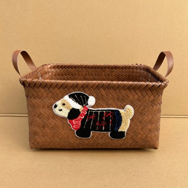 Kosz do przechowywania Kosz na ubrania Influencer Imitacja rattanu Tkany uchwyt PU Wiadro na pranie Kosz na przekąski Zabawki Brudne ubrania