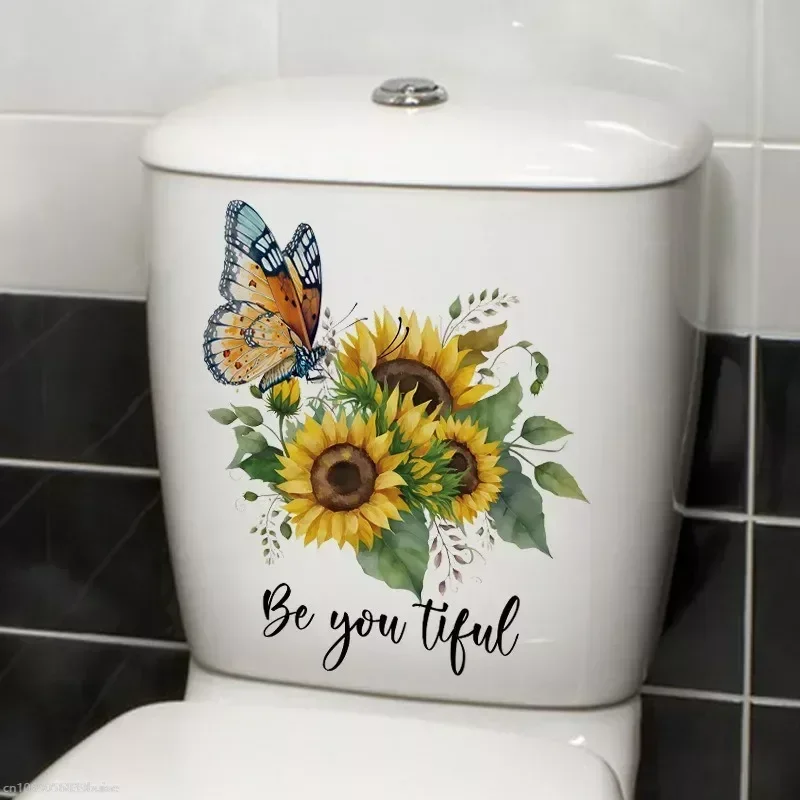 1pcs Plants Flowers Sunflowers Butterflies Wall Stickers Toilet Sticker Bathroom Toilet Cover Refrigerator Sticker Wc Decoration