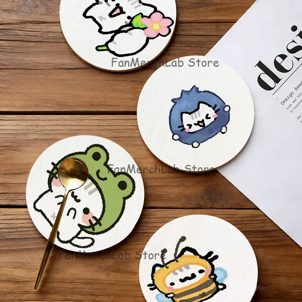 

Adorable Cute Cartoon Cat 2D Pattern round Wooden Coaster Decorative Coffee Cup for Use in Coffee Shops Bars Wine Beer