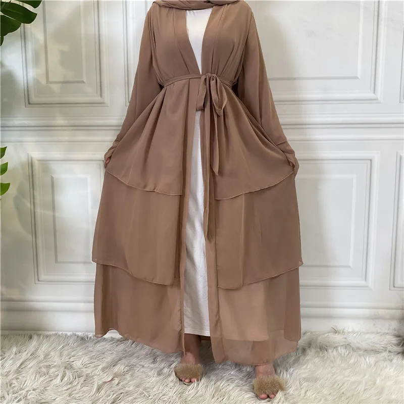 

Eid Mubarak Ramadan 3 Layer Chiffon Elegant Kimono Muslim Women Abaya Open Cardigan Maxi Dress Dubai Turkey Islam Robe Jalabiya