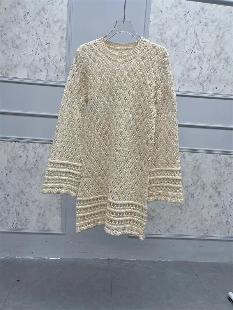 

Round Neck Ladies Straight Slim Long Sleeve Short Knit Short Robe 2024 Autumn Winter New Women Hollow Crochet Knitted Dress