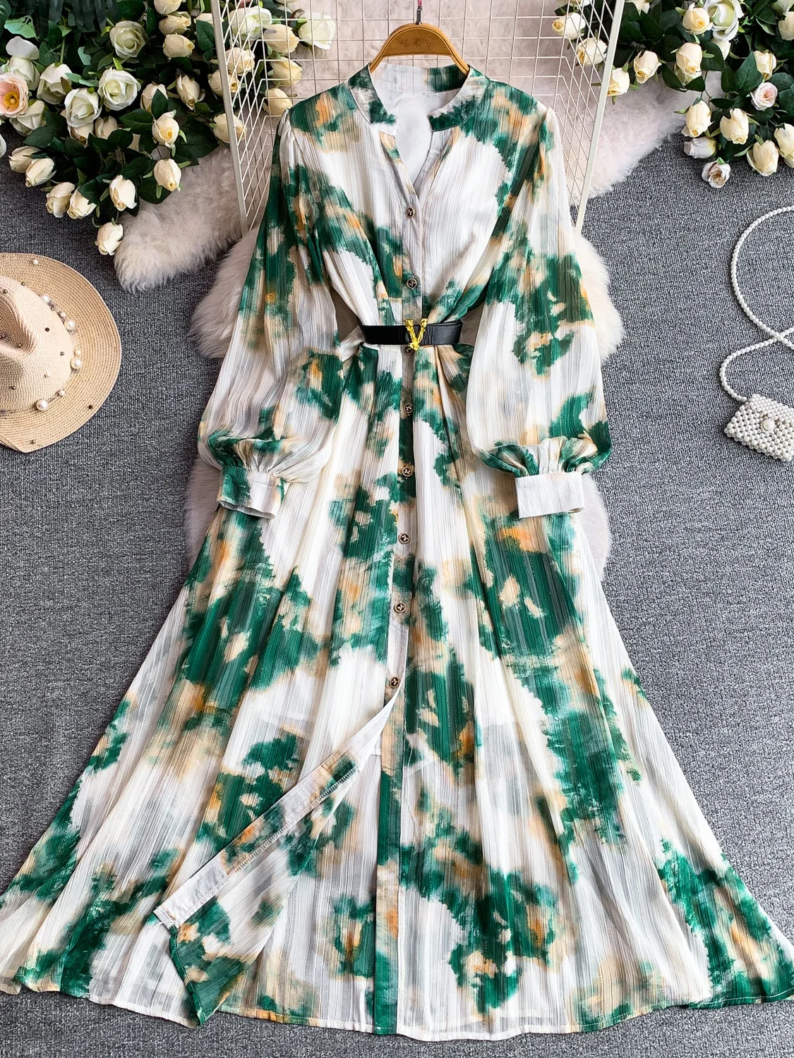 

Elegant Long Sleeve V-Neck Dress Women's Summer Gradient Bright Thread Waist Cinching Slimming Long Dress Luxury Lady Style