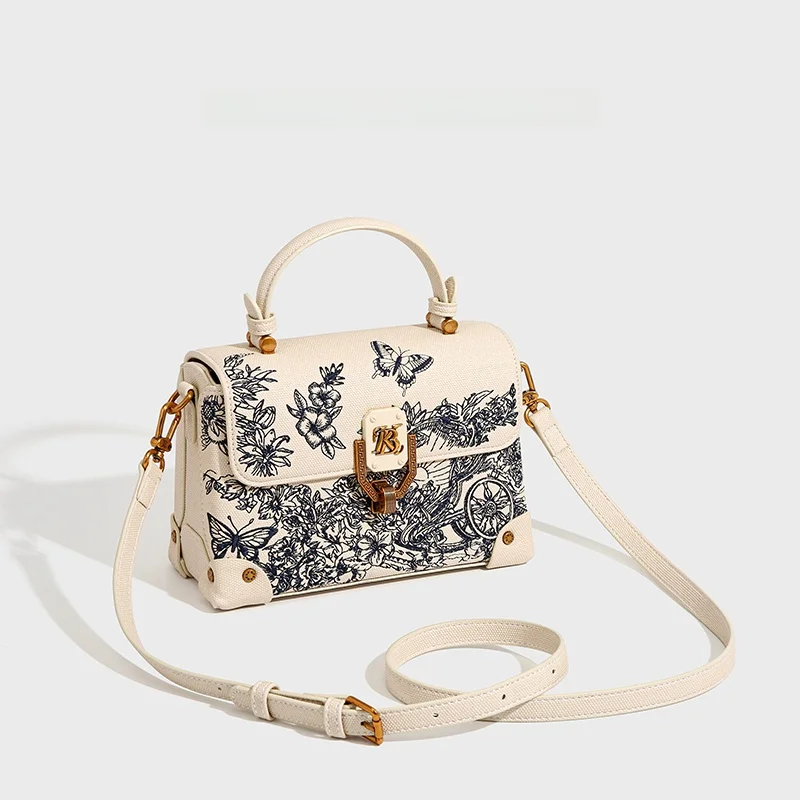 

Ele Embroidered Leather Handbag Women's Crossbody Bag Lo Bule Square Bag Vintage Sle Casual Single oulder Bag