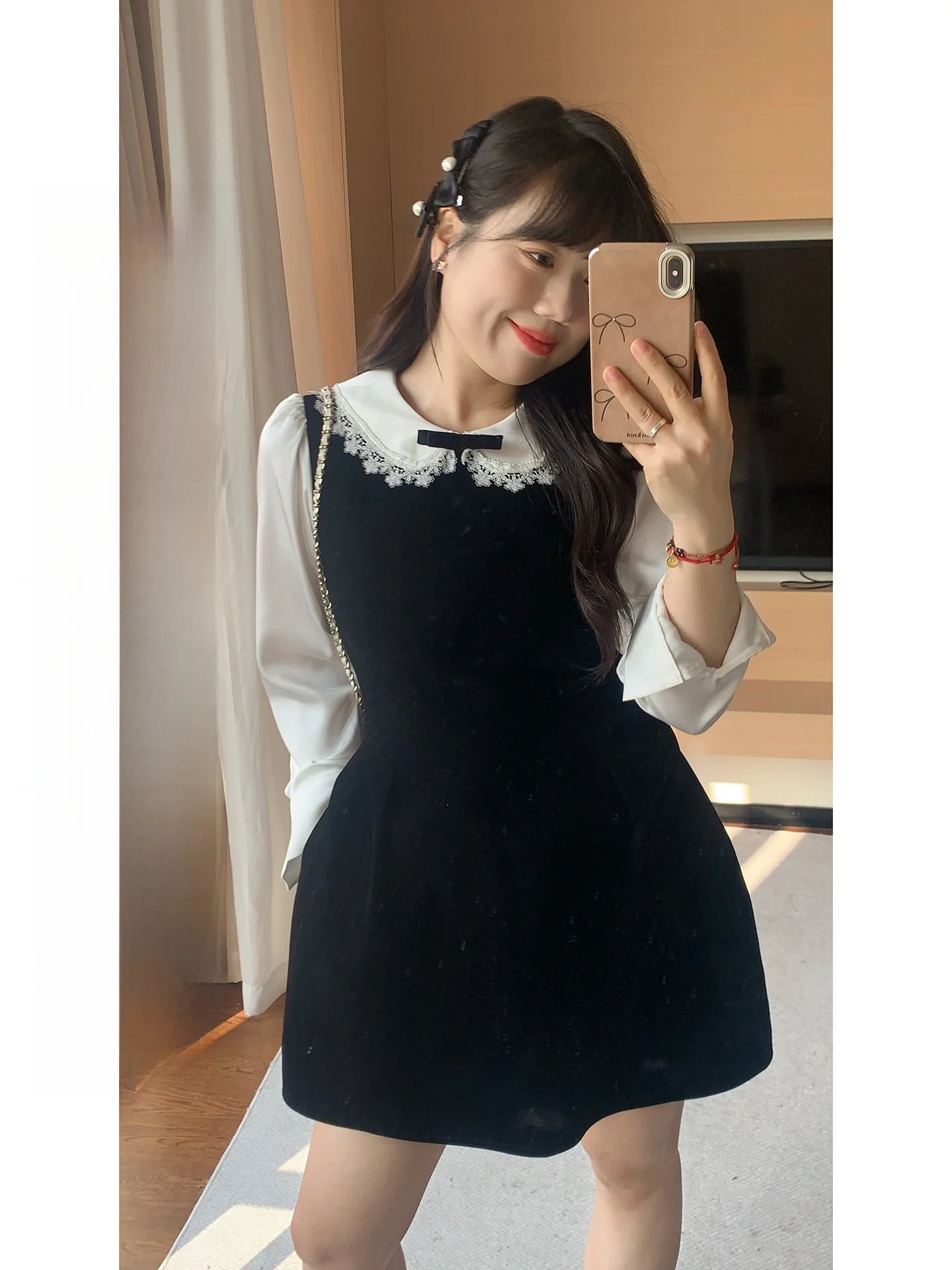 

Повседневное женское платье больших размеров с воротником-стойкой и эффектом двухслойности, имитация бархата, длинный рукав, для танцев, свиданий и на каждый день