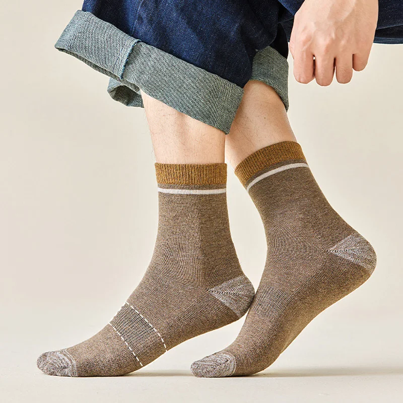 Neue 5 Paar Hochwertige Herrensocken für Herbst und Winter, Verdickte Socken für Männer, Wärmesocken, Einfarbige Baumwollsocken für Männer – Detail 8
