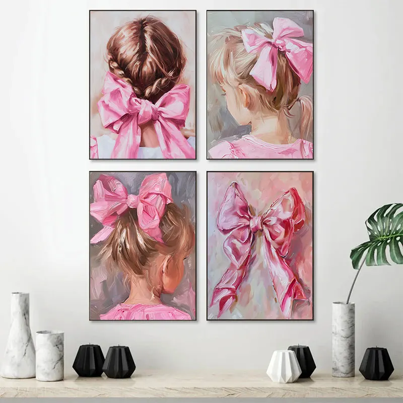 Girl Pink Bow Hair Clip Canvas Painting Poster Cute Princess Dress Decoration Child's Bedroom Wall Art Pictures Aesthetic Gifts