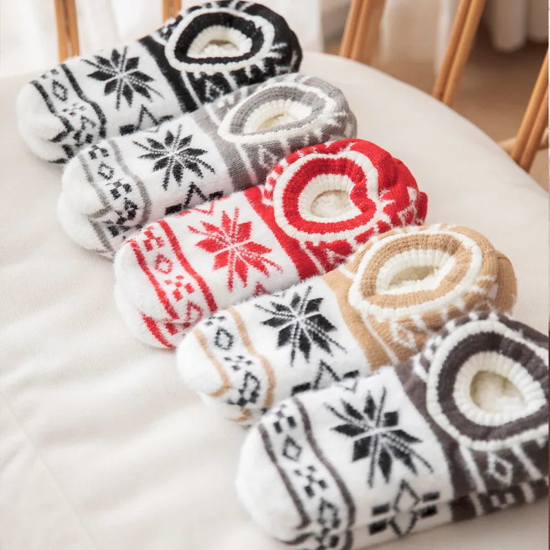 Womens Fuzzy Winter Thermal Sock Plush Grip Soft Female Home Indoor Warm Bedroom Non slip Thick Slipper Floor Sock Snowflake
