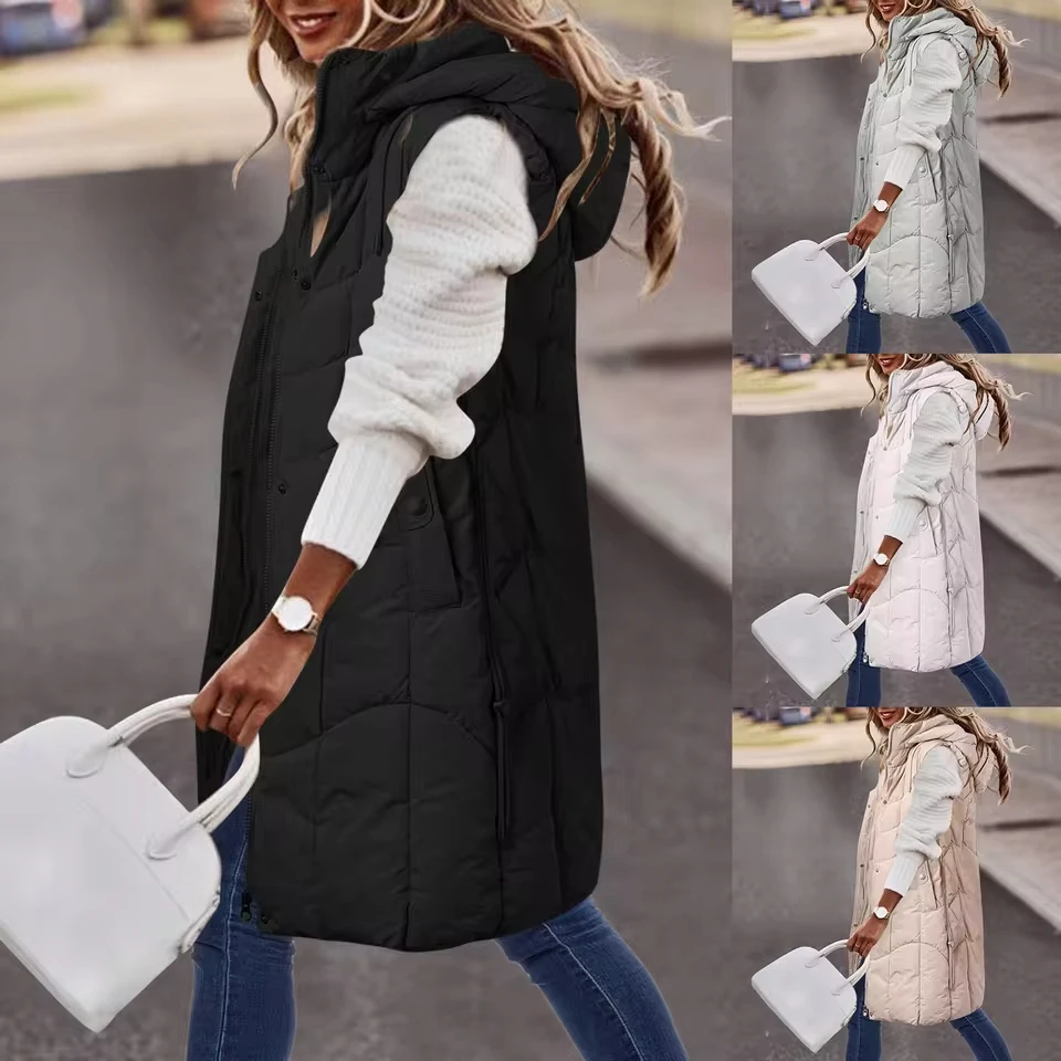 

Womens Sleeveless Long Quilted Vest Hooded Button Down Puff Vest Cotton Padded Winter Outerwear Misses Coats s