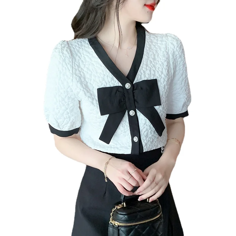 Summer New Korean Style Shirt Tops Bow V-neck Stitching Long Sleeve Chiffon Women's Chiffon Blouse