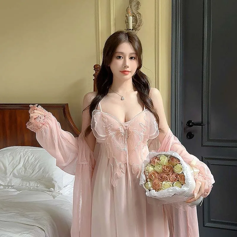 Sexy Lace Robe Gown Set Summer New Chiffon Sleepwear Kimono Bathrobe Nightgown Suit Women Casual Satin Home Dress Loungewear