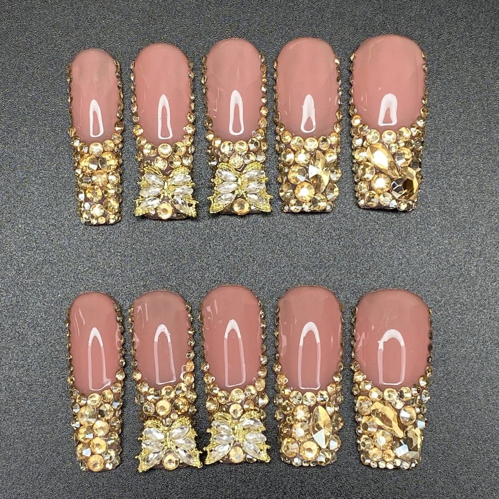 

Золотые кристаллические блестящие накладные ногти ручной работы, 10 шт., роскошные, глянцевые, с УФ-покрытием, эксклюзивный дизайн, искусственные ногти