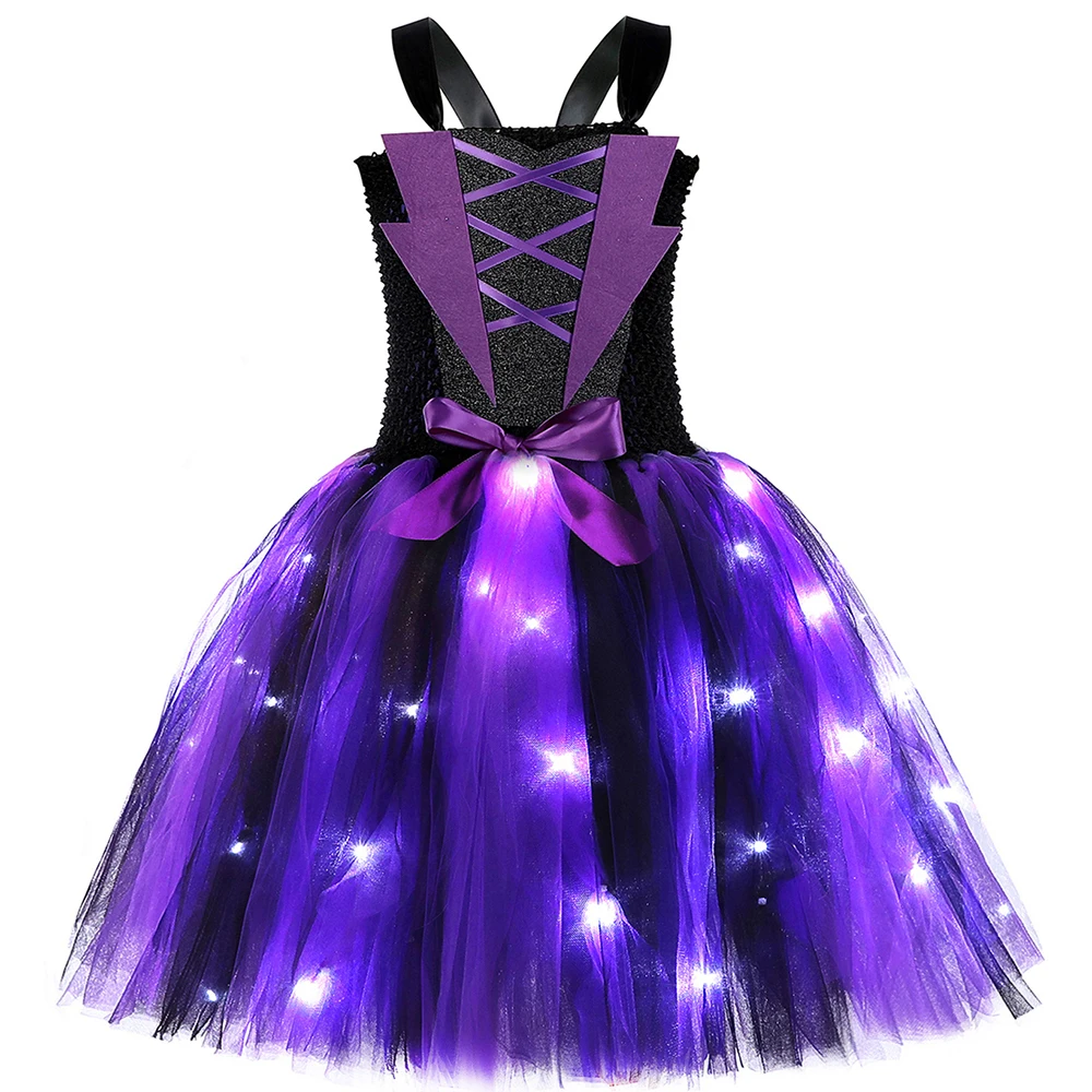 Halloween Wicked Witch Costume for Girls Purple Black LED Light Up Tulle Tutu Dress Kids Carnival Party Witches Dress Up Clothes