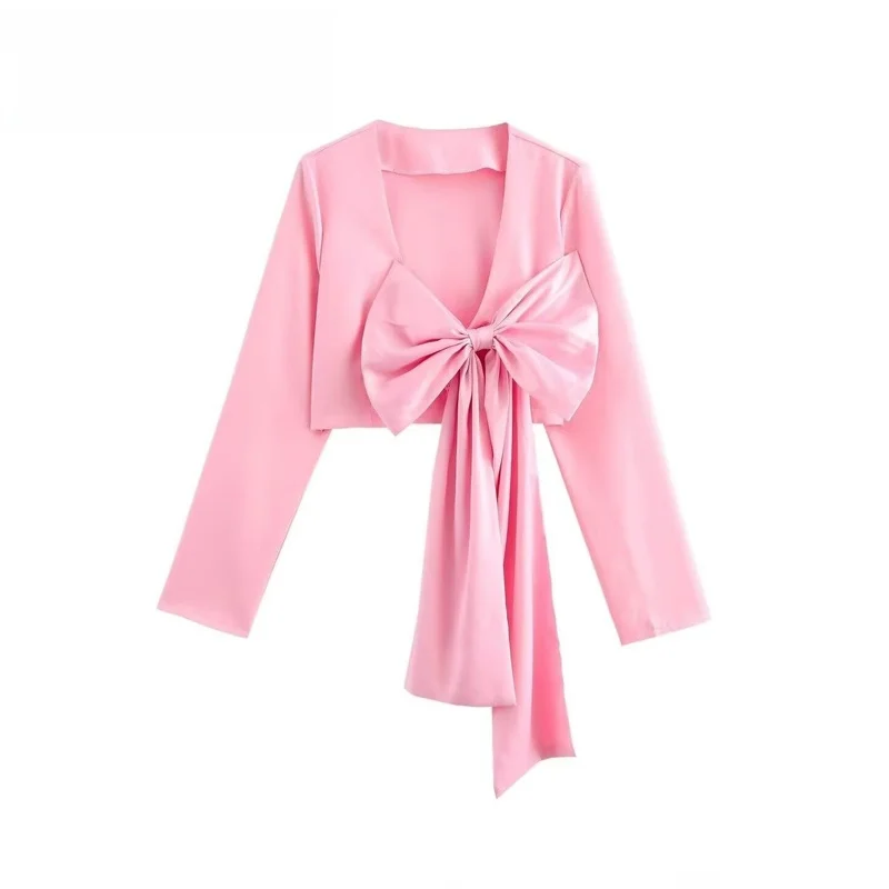 Classic Silk Satin Texture  Jacket with  Knot Design Fashionable Elegant Women's Commute Style Slim Fit Coat