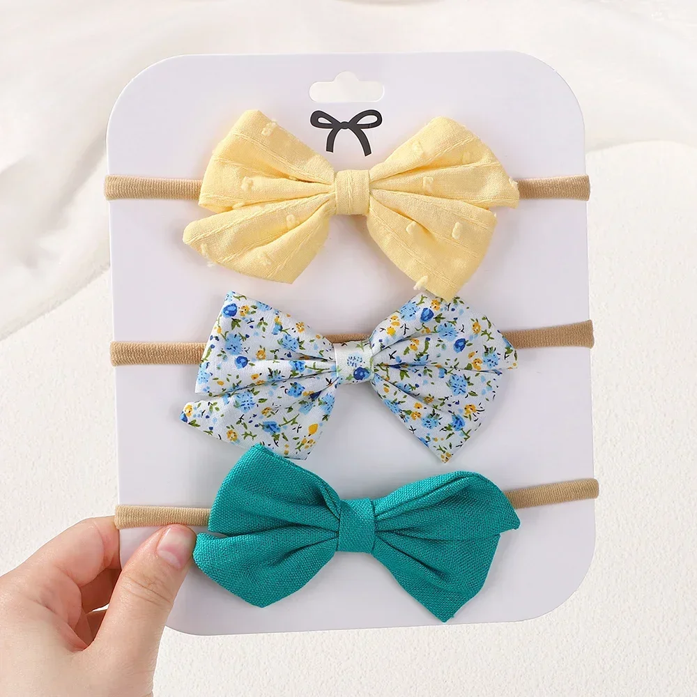 

3Pcs/set Sweet Fresh Bowknot Nylon Hair Band for Baby Rural Style Printed Babe Headband Elastic Toddler Head Tie Head Rope