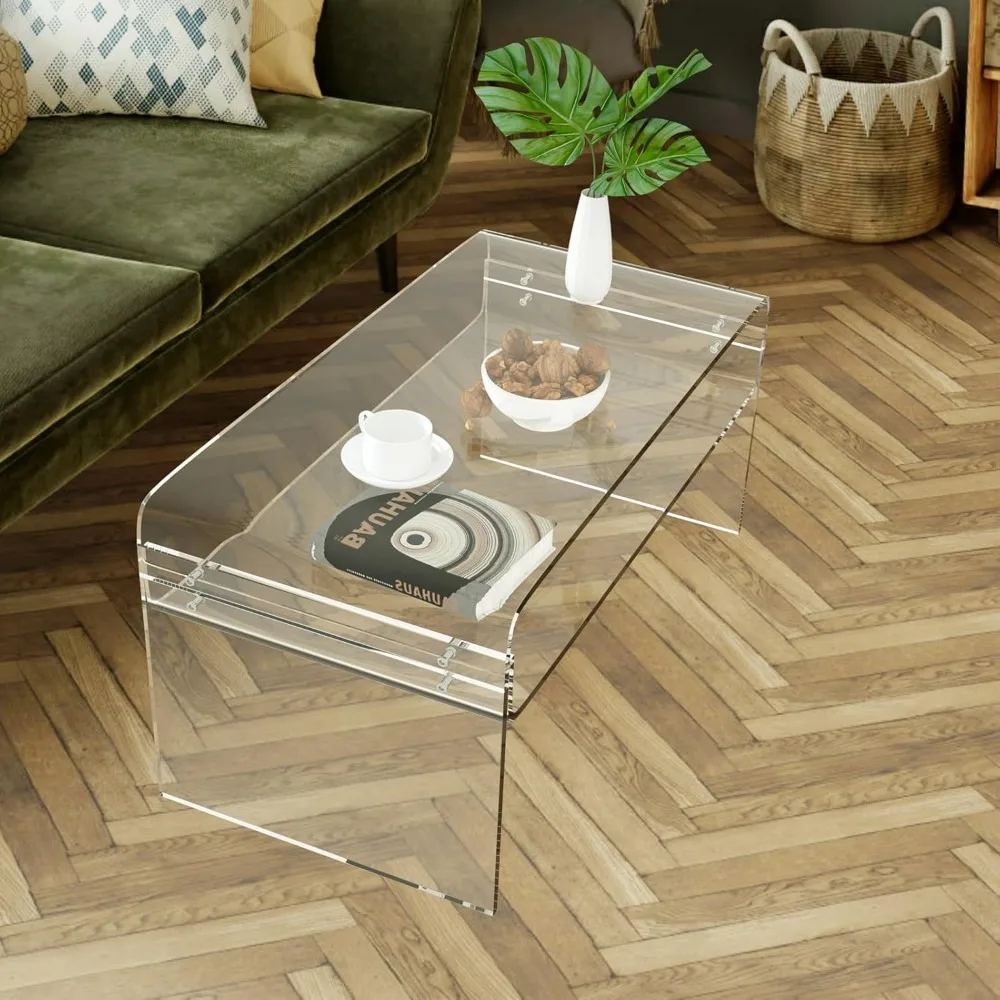 Mesa de centro acrílica, mesa de centro transparente de 31,5" con estante de almacenamiento, mesa central rectangular