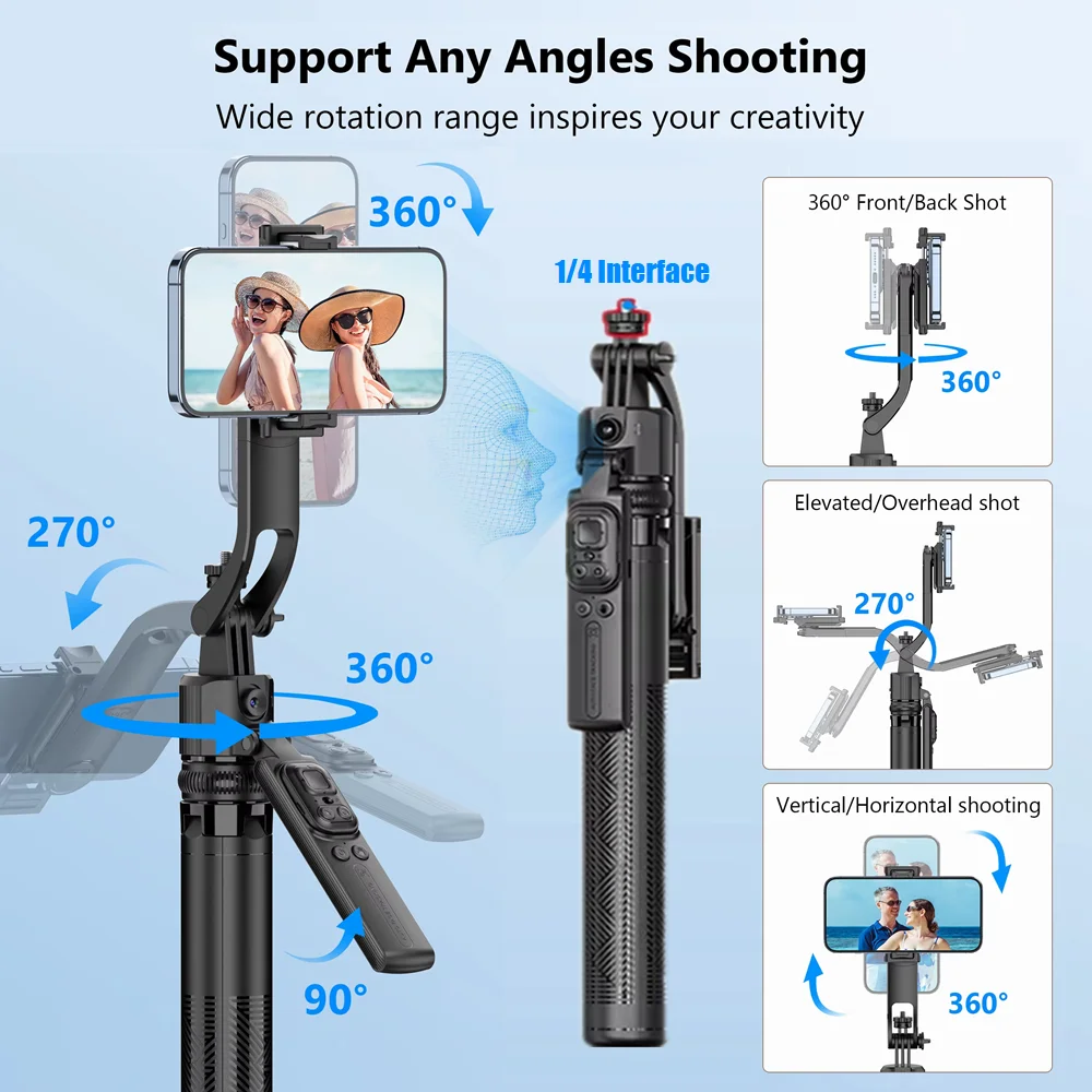 163 cm/64,3'' Monopié Ajustable Bluetooth Remoto 360 ° Trípode estabilizador de cardán de seguimiento de rotación automática para cámara de acción GoPro de teléfono