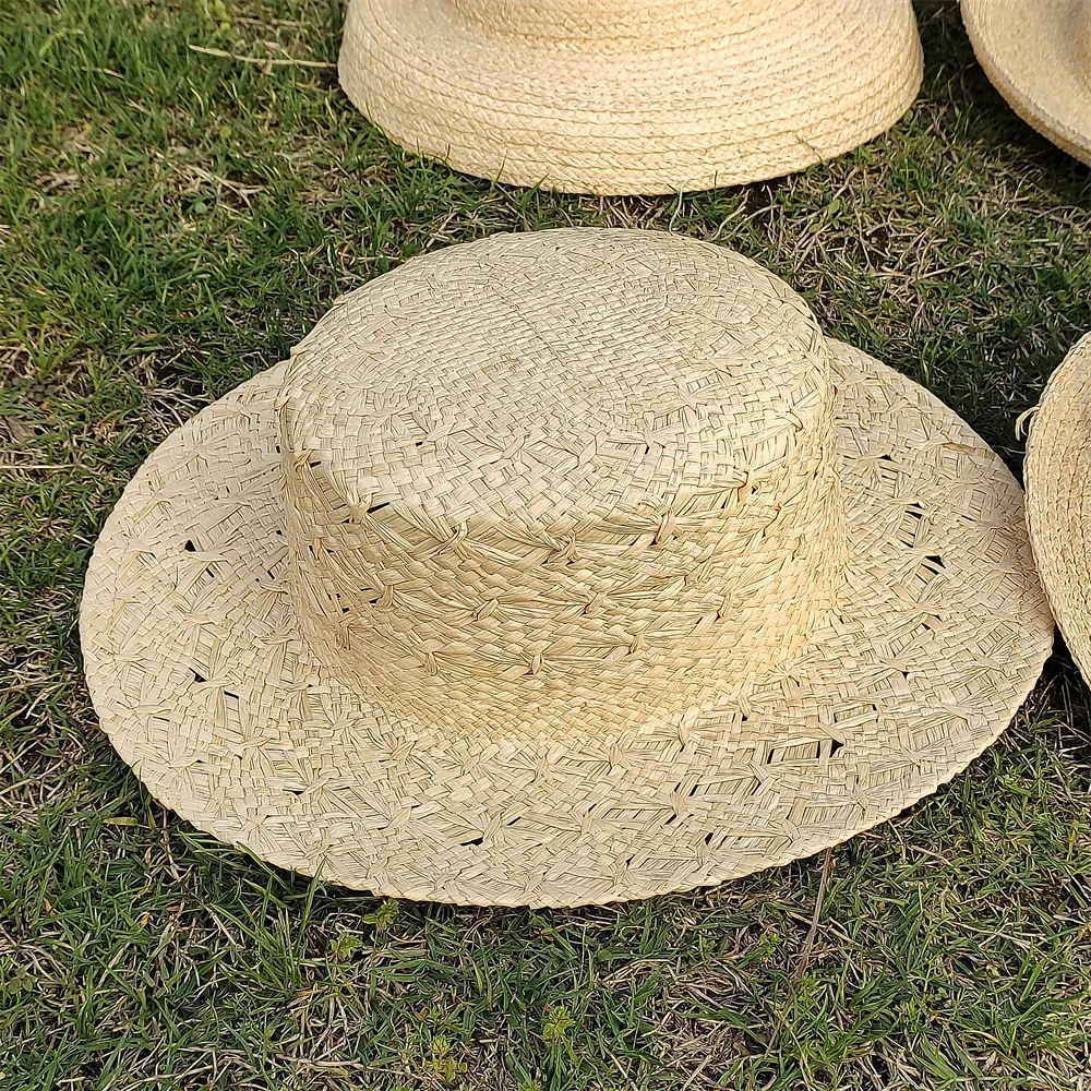 Large Brim Straw Hat Raffia Hand-woven Pattern Straw Hat Sun Protection Beach Sun Hat Women's British Retro Basin Hat