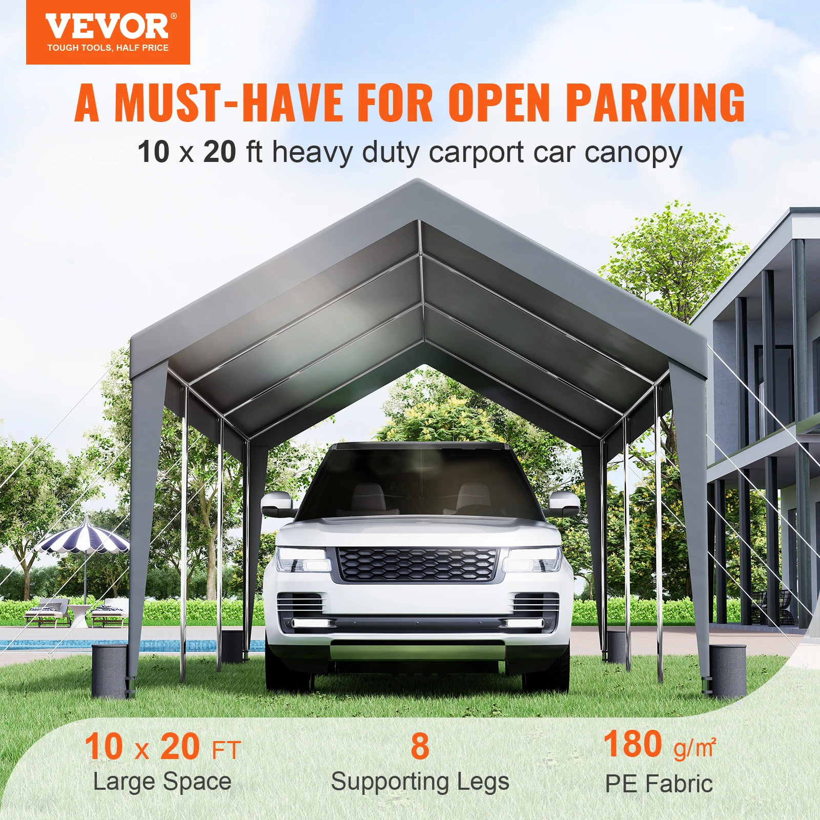 VEVOR Carport 10x20ft Heavy Duty Car Canopy Garage with 8 Reinforced Poles and 4 Weight Bags UV Resistant Waterproof Tarp