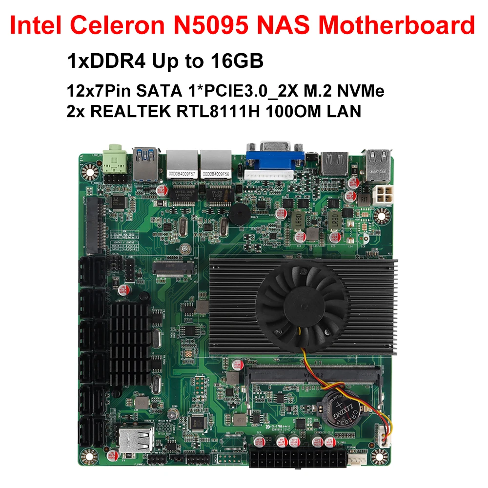 Intel Celeron N5095 NAS Server Motherboard 12x7pin SATA 1x DDR4 Max Support 2933MHZ SODIMM Industrial Computer