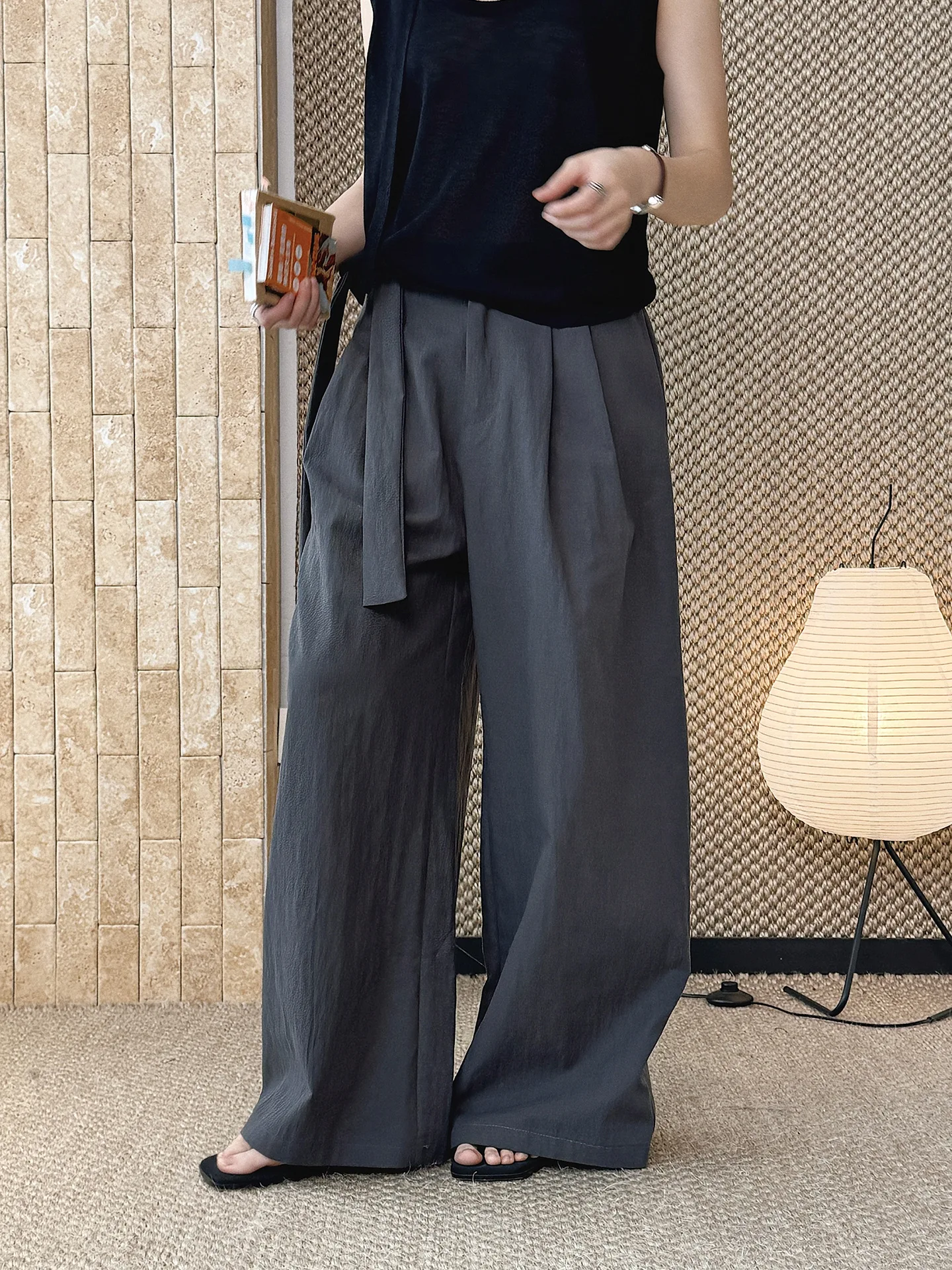 Summer new Korean version lazy and fashionable side tie slightly pleated casual pants loose silhouette pants for women