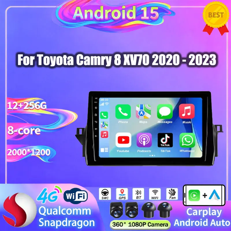Android 15 Car Radio For Toyota Camry 8 XV70 2020 - 2023 GPS Multimedia Player Wireless Carplay Navi Head Unit 360 Camera Stereo