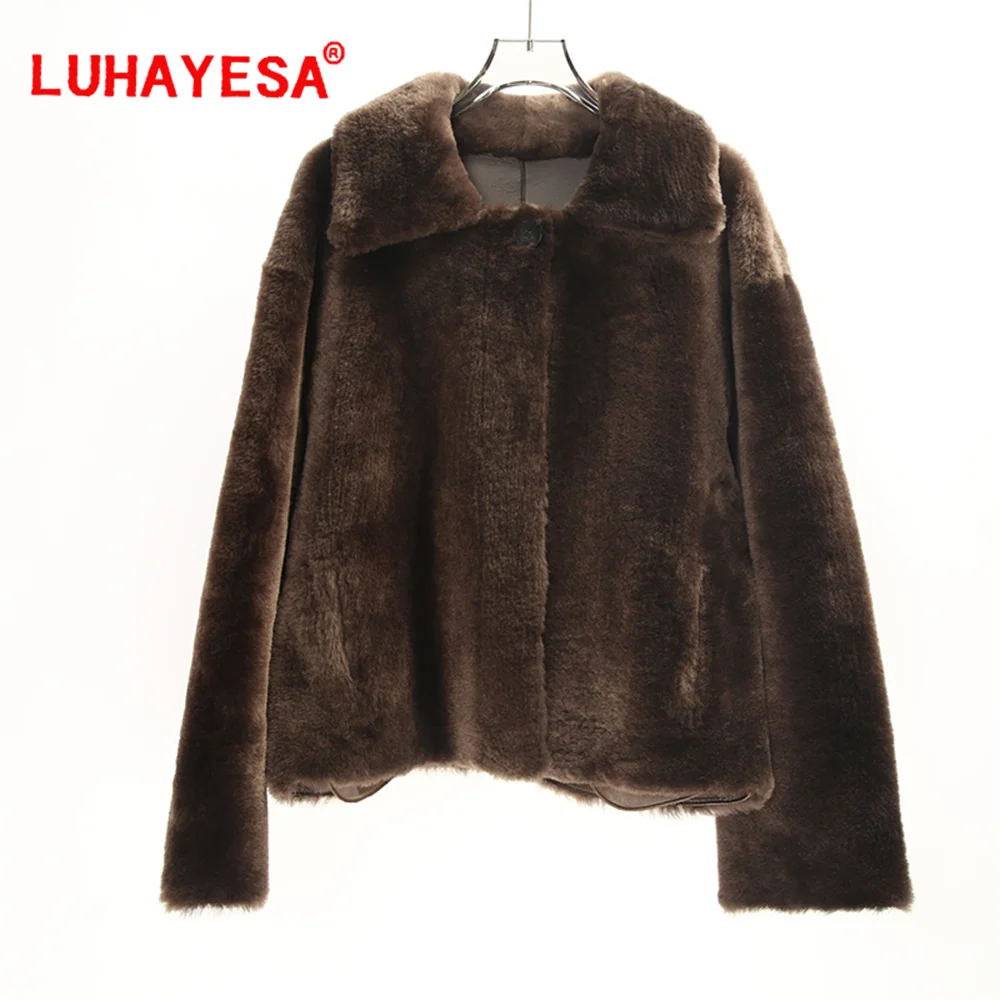 2024 Women Brown Loman Lamb Fur Shearling Coat Luhayesa Winter Warm 100% Genuine Leather Fur Jacket