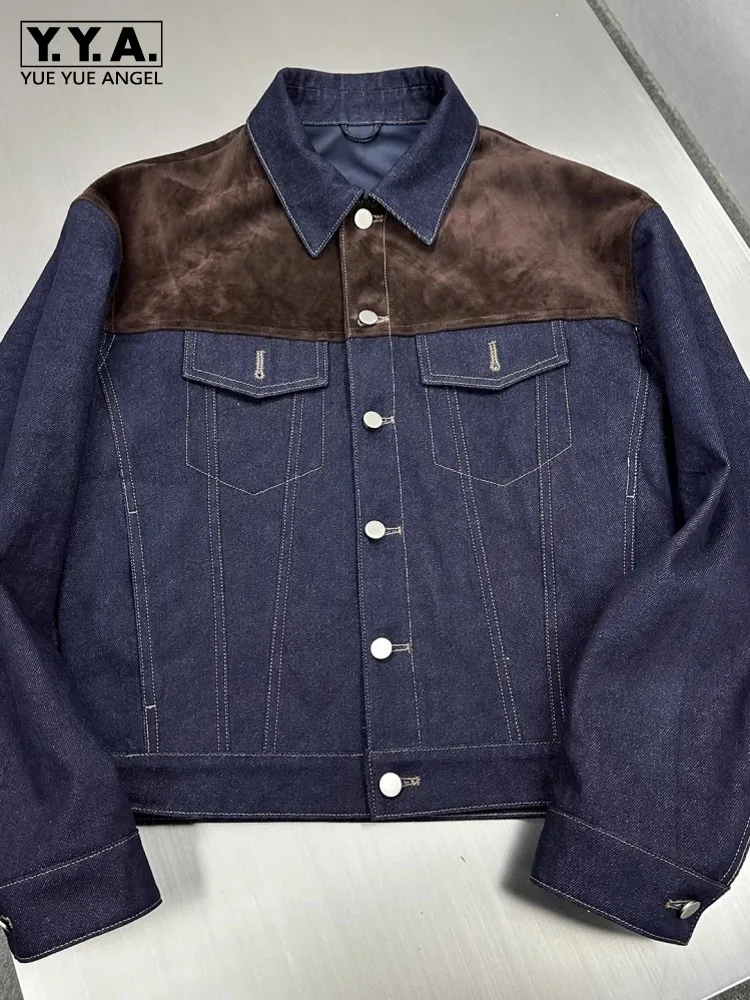 Autumn New Designer Men Suede Leather Spliced Denim Jacket Single Breasted Casual Loose Fit Cowboy Coat Vintage Fashion Outwear