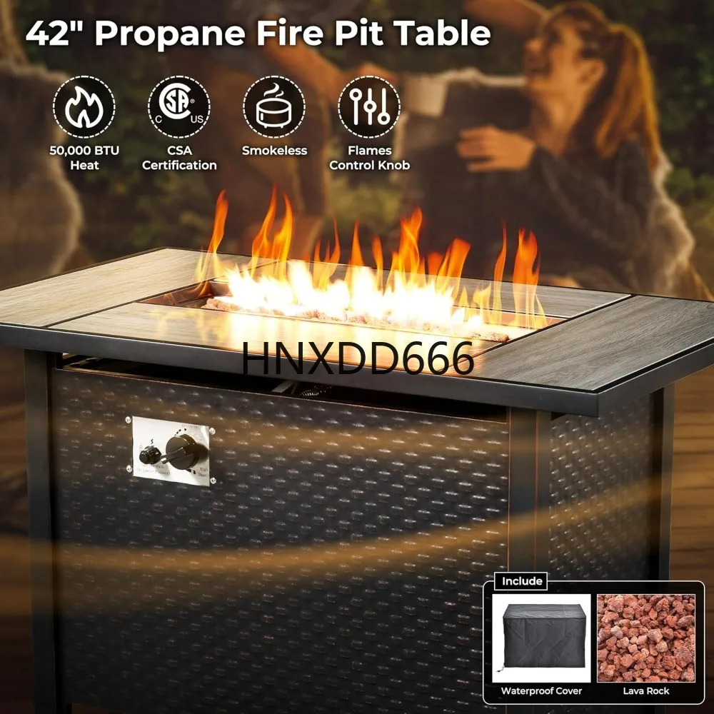 Outdoor 8 Piece Patio Furniture Set with Fire Pit Table, Conversation Sectional Wicker Couch with Coffee Table