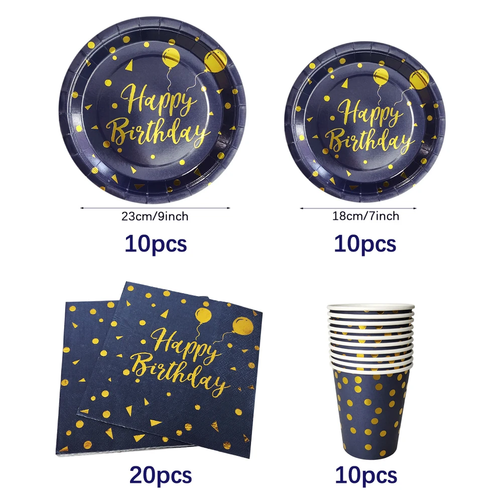 Set di stoviglie usa e getta a pois in oro blu scuro piatti di carta tazze tovaglioli paglia per la decorazione della festa di compleanno forniture