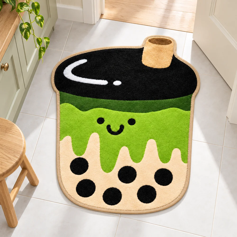 Matcha Bubble Tea Cup Shaped Flannel Rug with Smiling Face and Boba Pearl Design for Kitchen Bedroom Bathroom and Home Decor