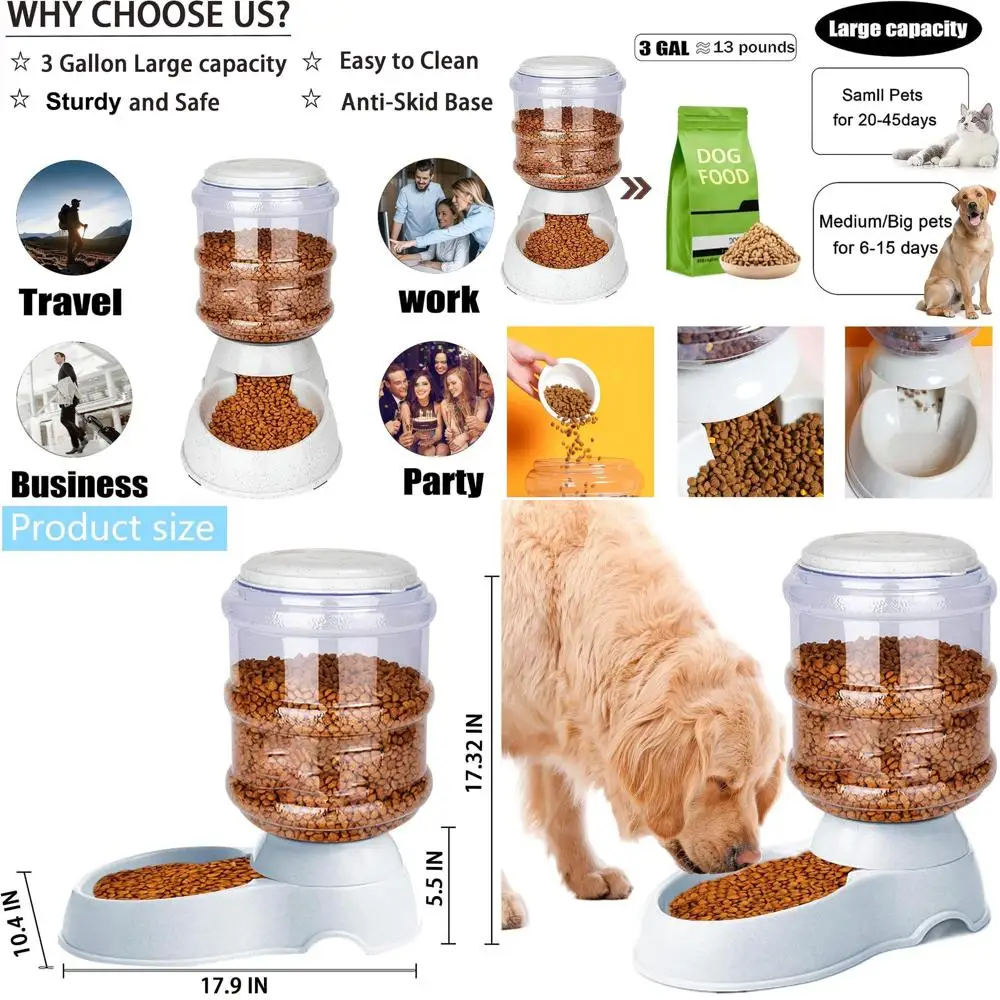 

3 Gallon Gravity-Feed Dog and Cat Dry Food Dispenser for Large Breeds with Storage Container