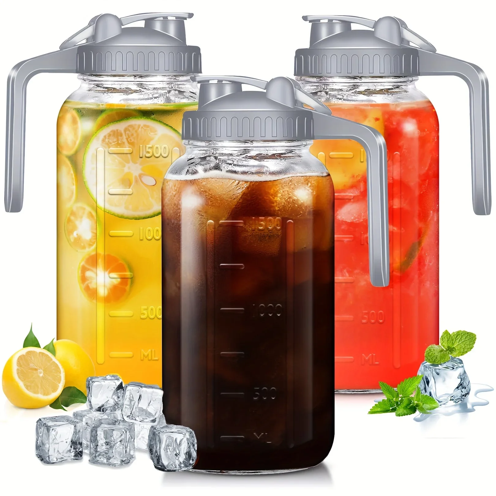 

DDHOME 2/3 Pack 64 OZ Mason Jars With Lid, Glass Pitcher Double Leak Proof With Pour Spout Handle, 2 Quart Wide Mouth Breast Milk Pitch