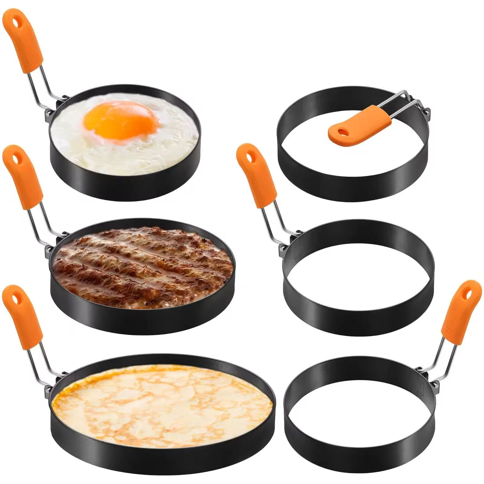 Anillo para Huevos de Acero Inoxidable 430 con Mango de Silicona, Molde Redondo Antiadherente para Panqueques, Herramienta de Cocina para Huevos Fritos y Panqueques