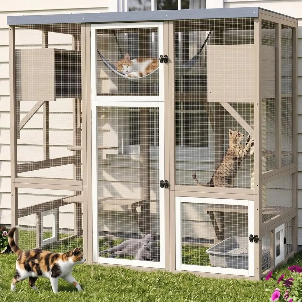 Walk-in Catio Outdoor Cat Enclosure or Multiple Cats | 4-Level Window-Contable Cat House, 7 Platorms, 2 Rooms, Hammock, Scratch