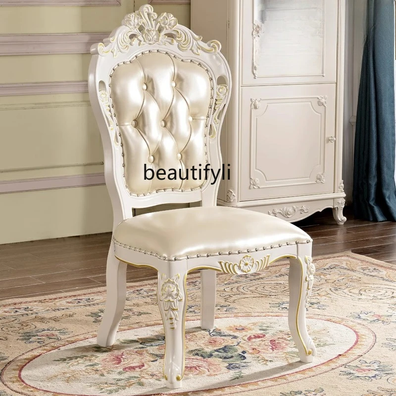 

American restaurant solid wood carving flower leather dining chair leather casual white dressing chair