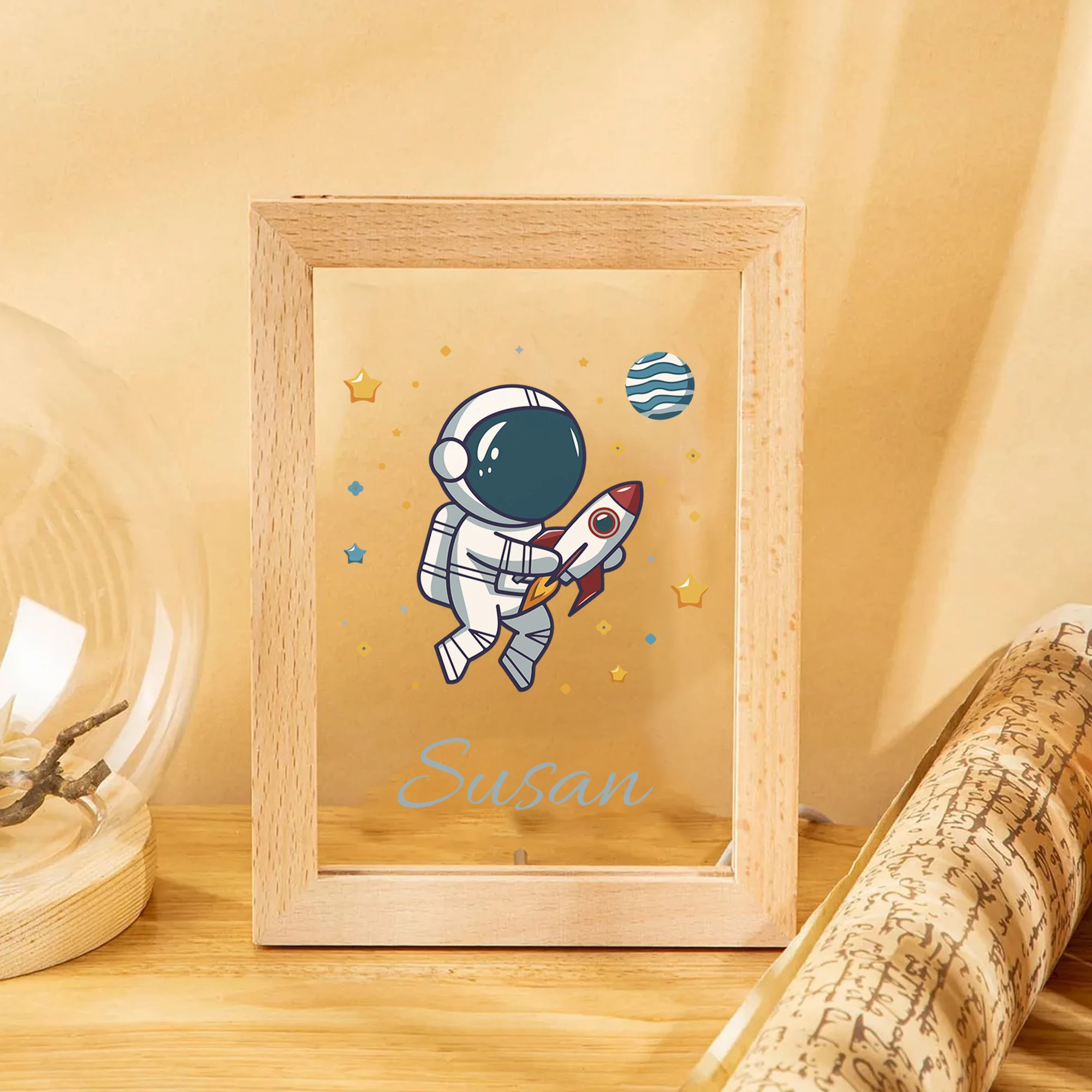 Nome personalizado astronauta foguete led acrílico luz noturna moldura de madeira 21x17cm dos desenhos animados crianças quarto presentes decoração para casa presente