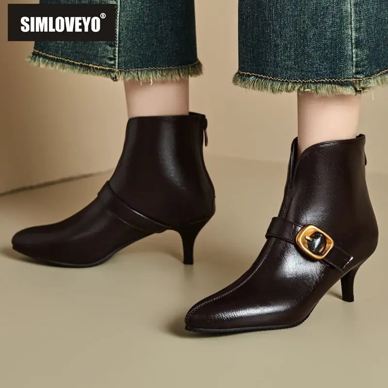 

SIMLOVEYO Роскошные женские ботильоны с острым носком, 6 см, на тонком каблуке, без шнуровки, с металлическими украшениями, расширенные размеры 46–48, офисный женский стиль