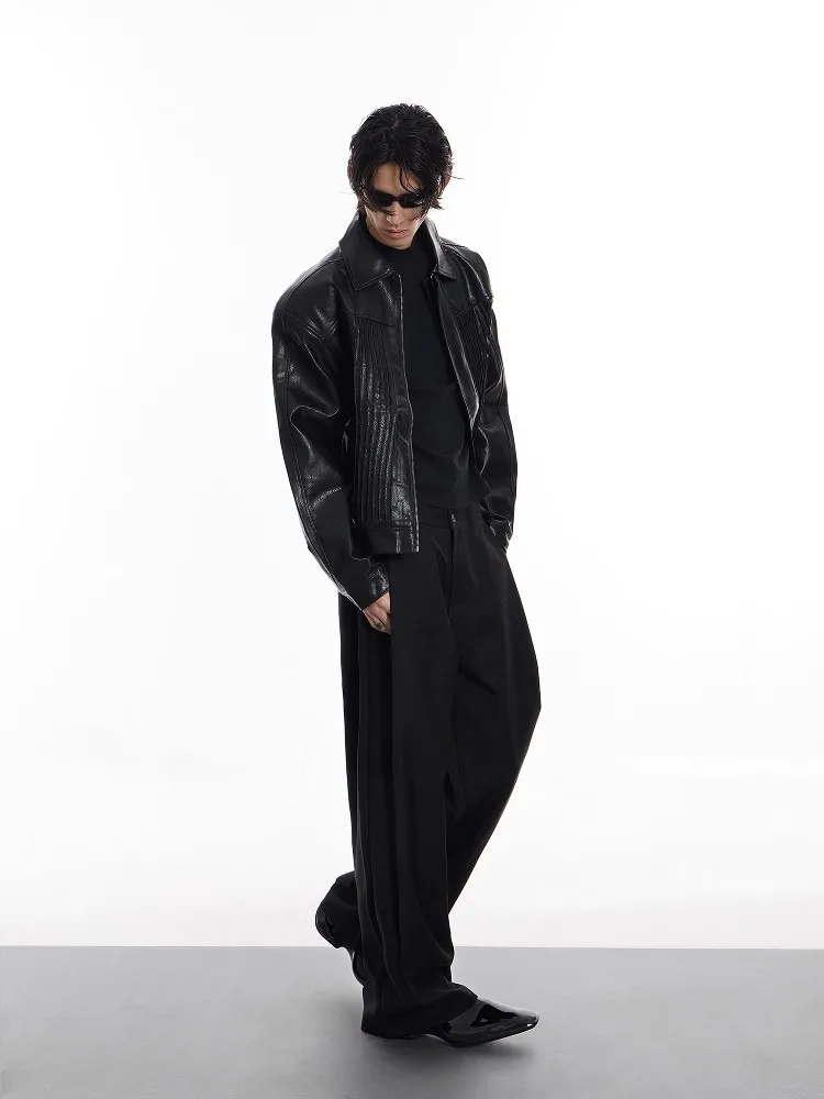 Mauroicardi Autunno Fresco Bello Lungo Flowy Nero Doppia Cintura Pantaloni Dritti per Gli Uomini Allentati Abiti di Design di Lusso 2025