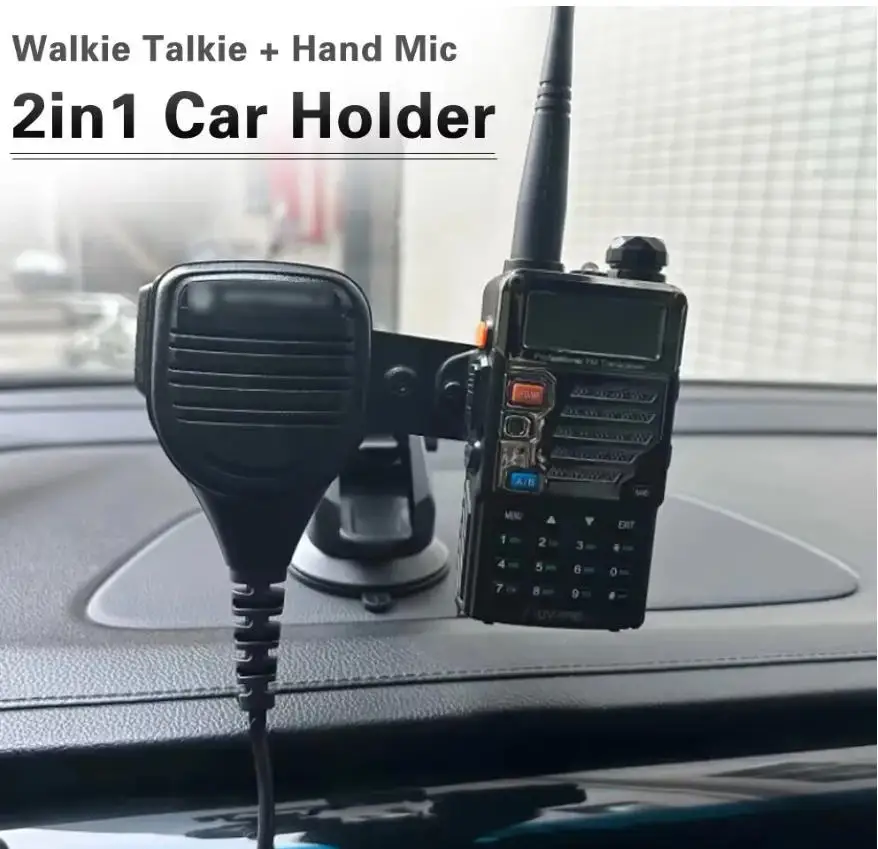 Walkie Talkie Car Suction Cup Mount Accessories, 2-in-1Hand PTT Mic Radio Universal Vehicle Bracket , Radio Dashboard Mount