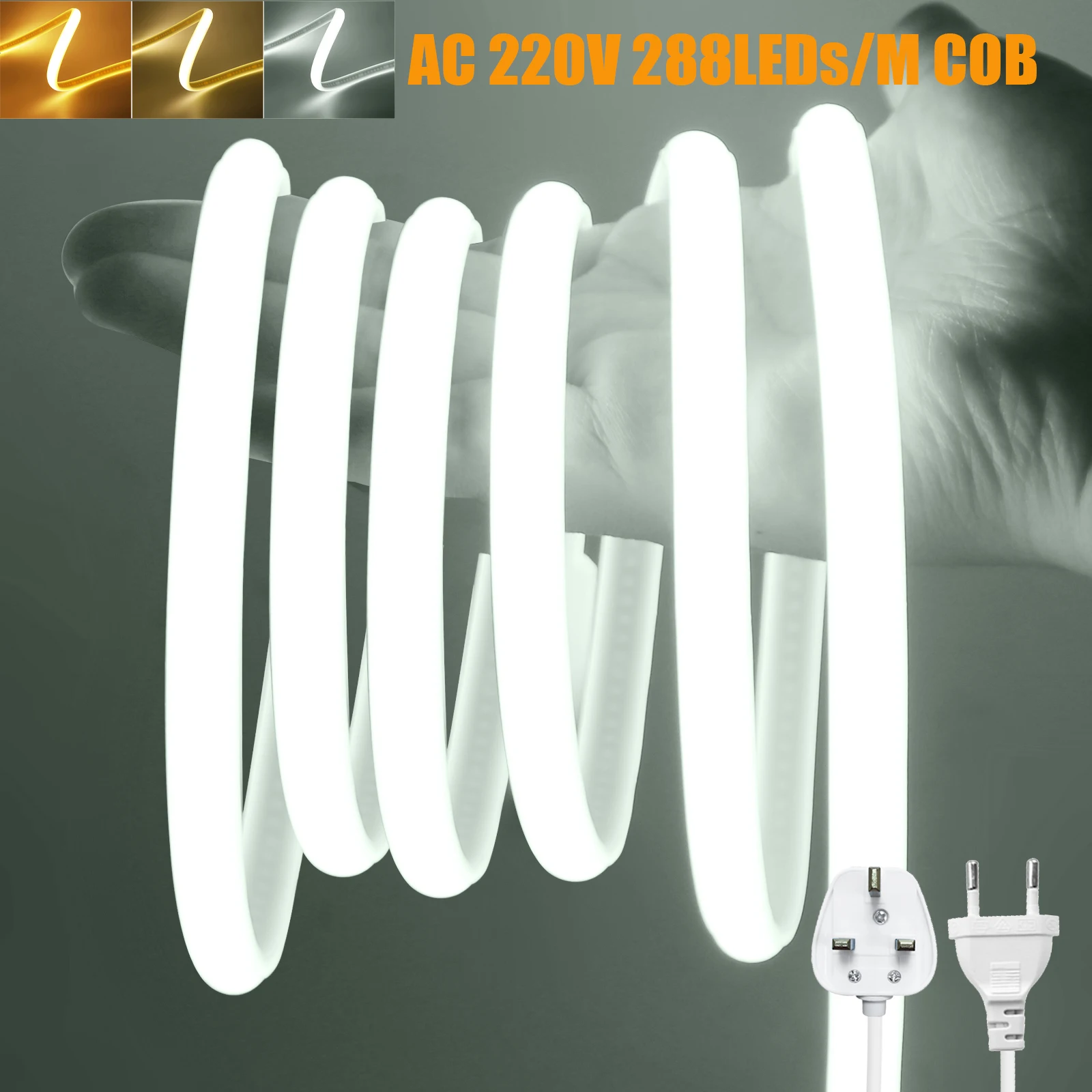 AC 220V COB LED Strip Flexible LED Tape Ribbon IP67 Waterproof Strip Lights 288LEDs/M High Density Linear Light EU UK Plug