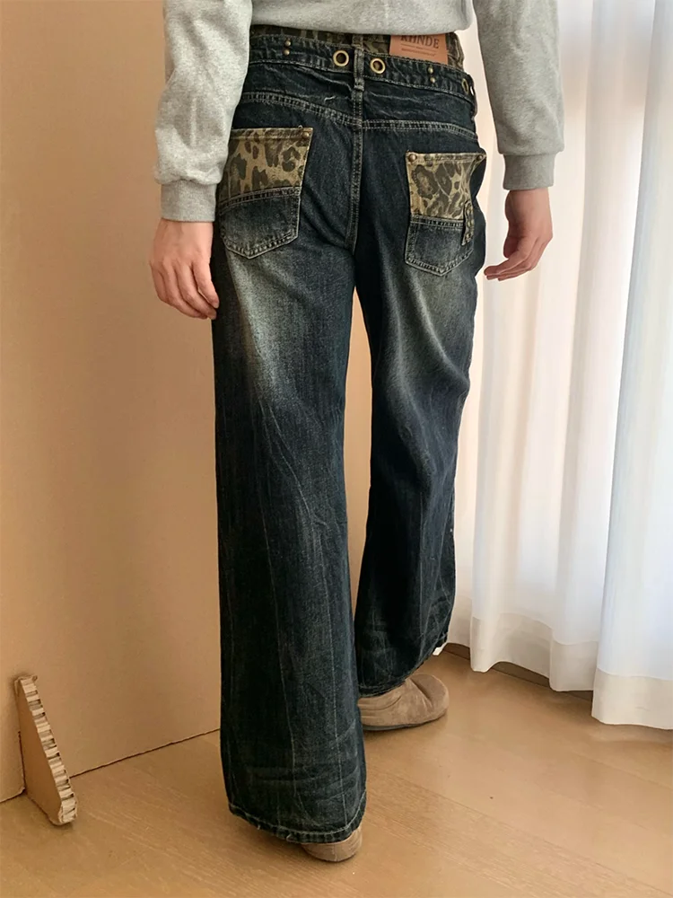 

plus Size American Retro Leopard Print Patchwork Double Waist Nail Loose Straight Leg Wide Leg Jeans Women Casual Pants
