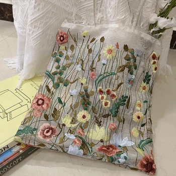 Bolso de hombro con flores de encaje bordado, bolso de compras de malla hecho a mano para mujer, bolso de mano de Arte Retro, bolso de mano de Playa, Bolsa de Playa