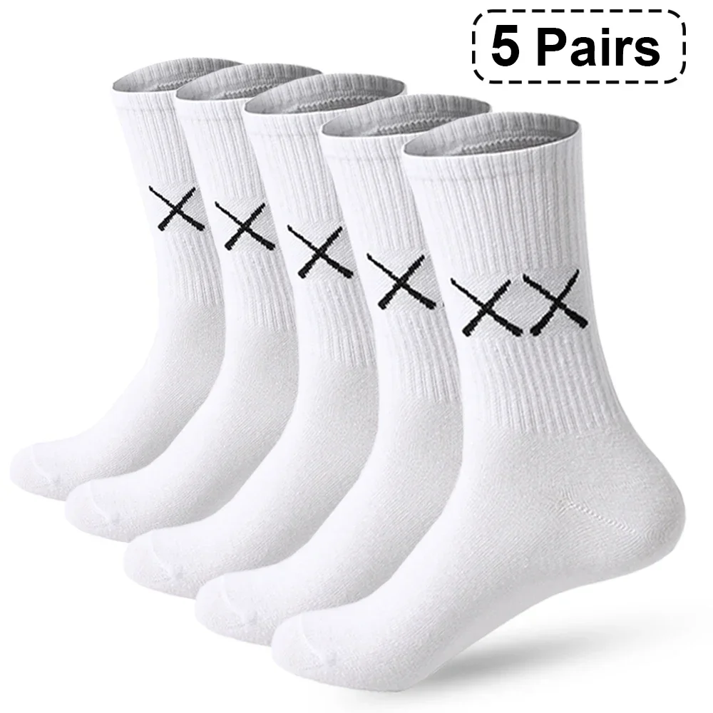 【HOT】5 Pairs Socks for Men  Black and White Breathable Anti-odor Cotton Casual Middle Socks Running Gym Sports Long Socks