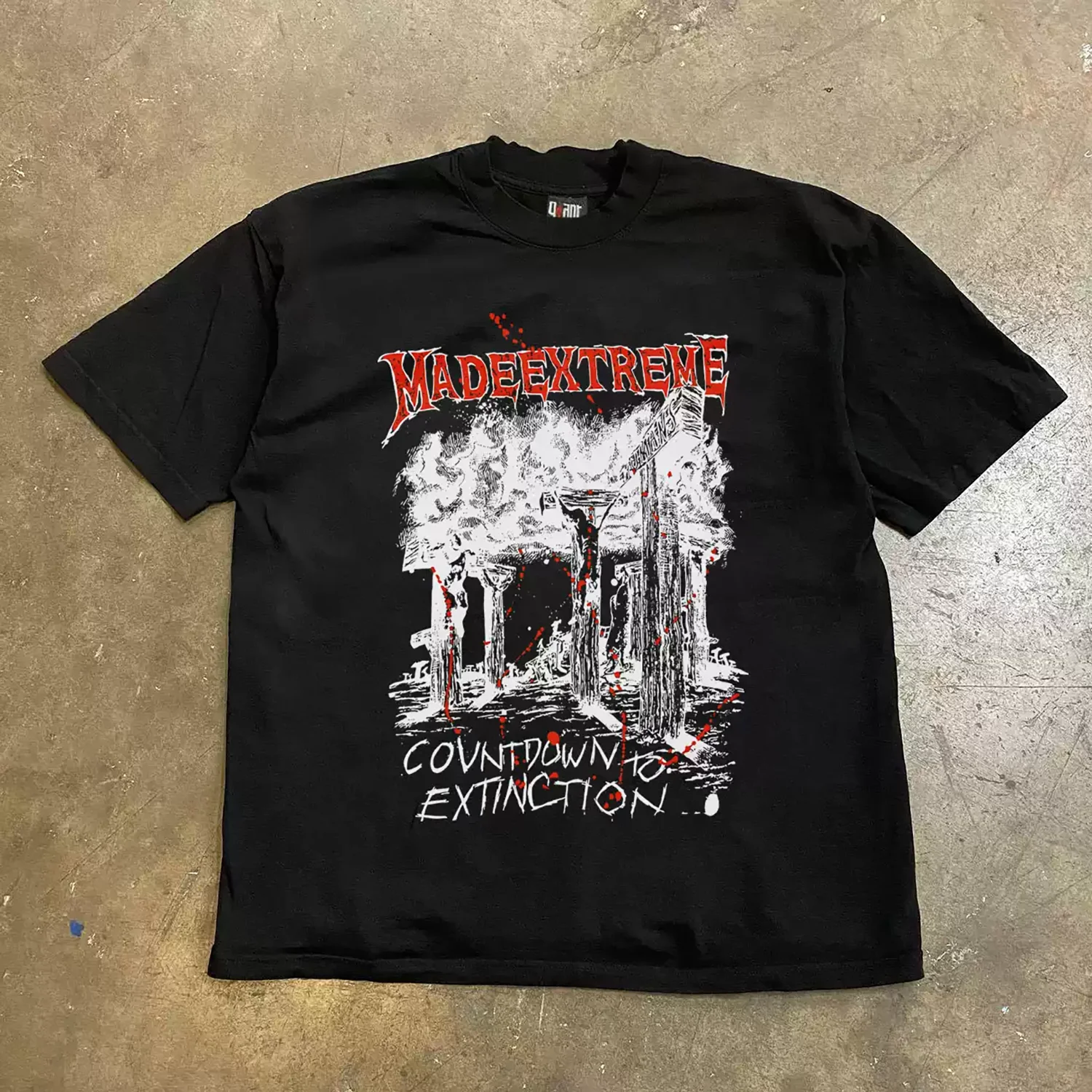 Retro Extreme Gothic Streetwear T Shirt for Men, Grunge Blood Splatter Ancient Column Ruins Art With Horror Font Lettering, Oversized Crew Neck Soft Washed Cotton Casual Tops.