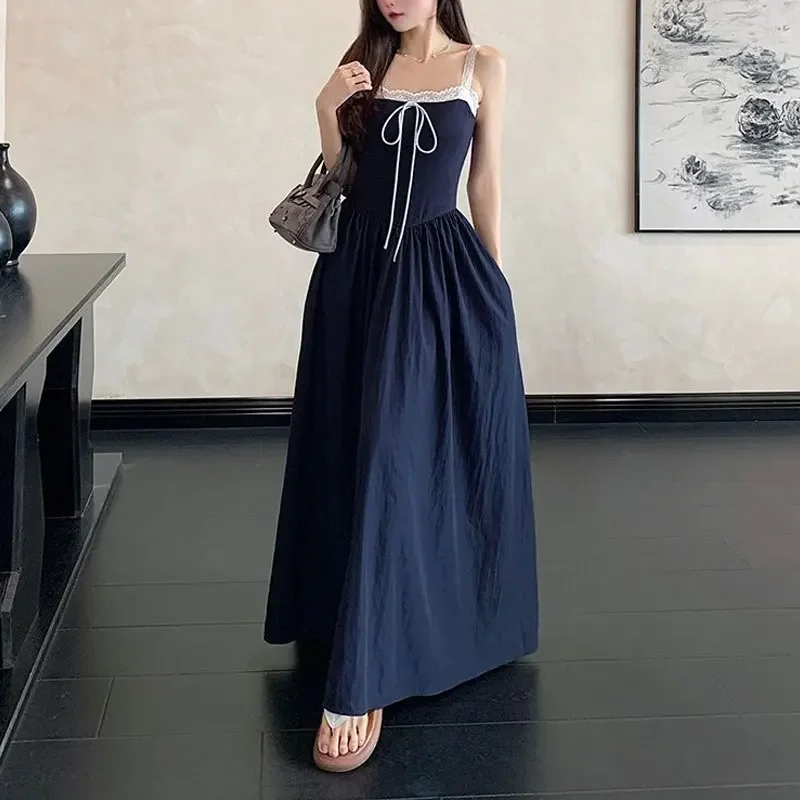 

Vintage Lace Spliced Slip Long Dress Summer Solid Color Waist Female Clothing Fashion Drawstring Bow French Style A-Line Dresses